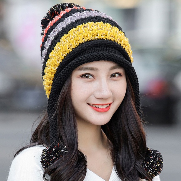 Accessories - Winter Colorful Knit Pom Pom Hat Fleece Lined